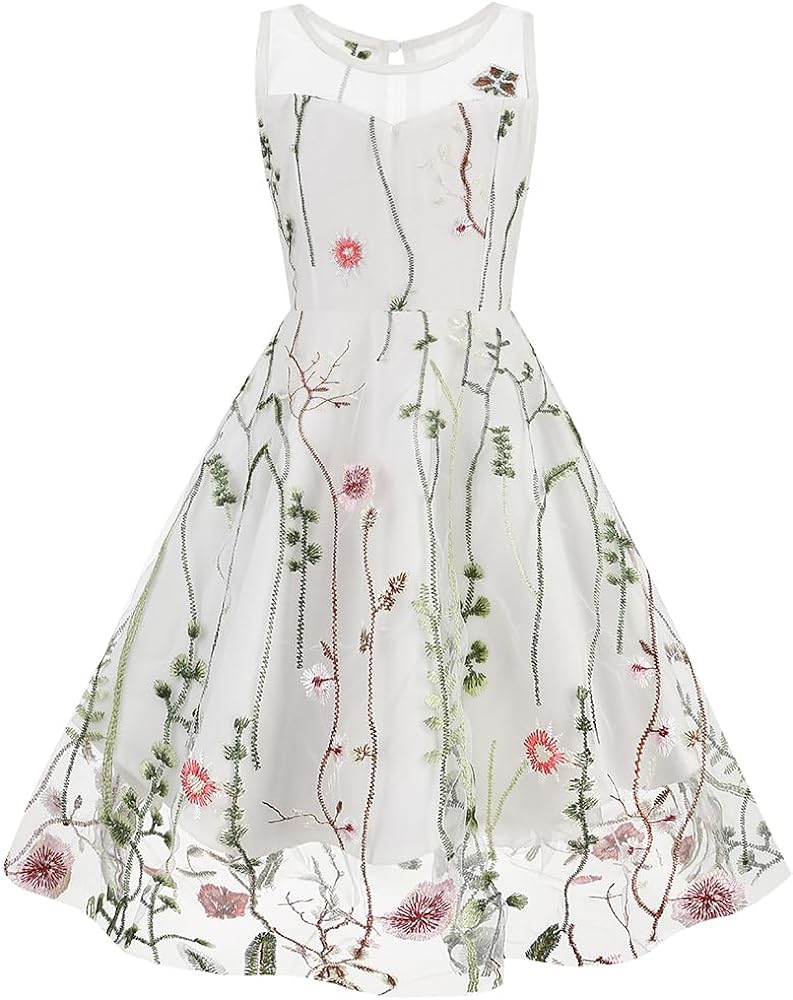 Vintage 1950s Dresses for Girls Sleeveless Floral Embroidery Tulle Dress Tea Party Swing Dresses