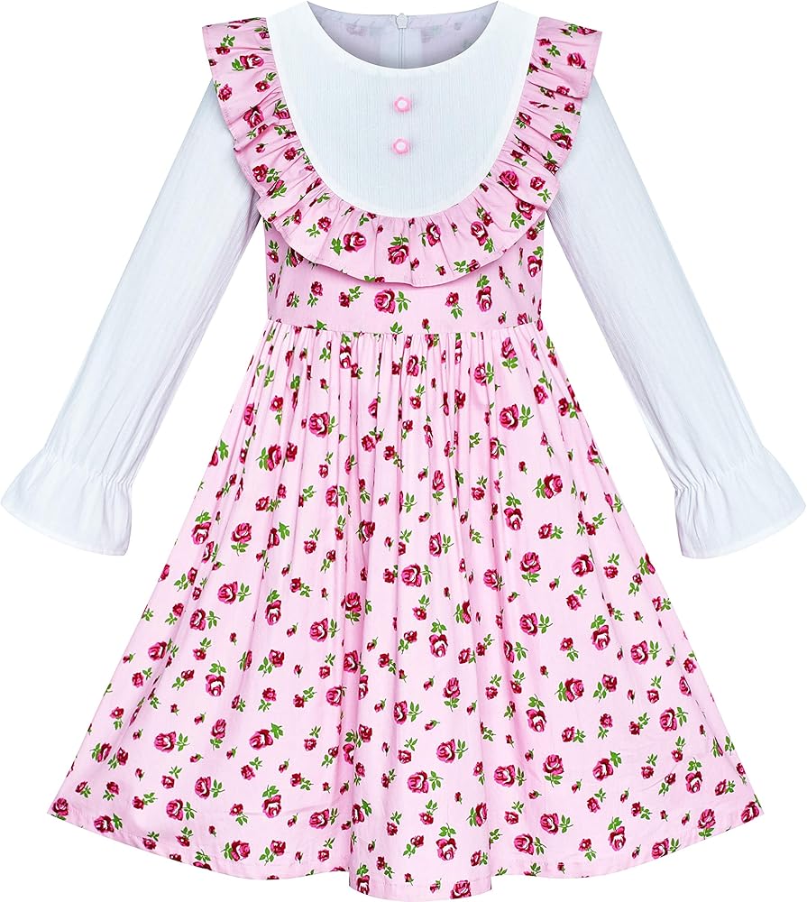 Sunny Fashion Girls Dress Pink Flower Long Sleeve Cotton Casual Dress Size 4-8