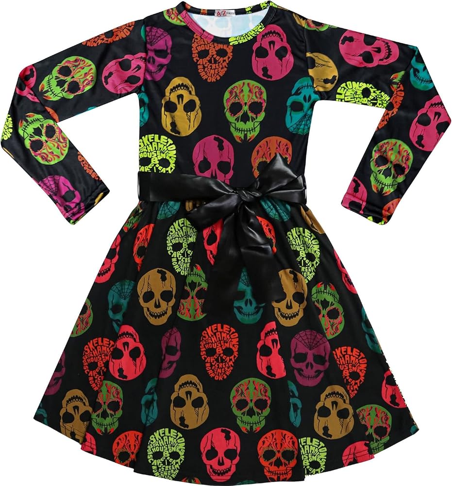 Kids Girls Skater Long Sleeves Multi Color Skulls Print Halloween Party Dresses