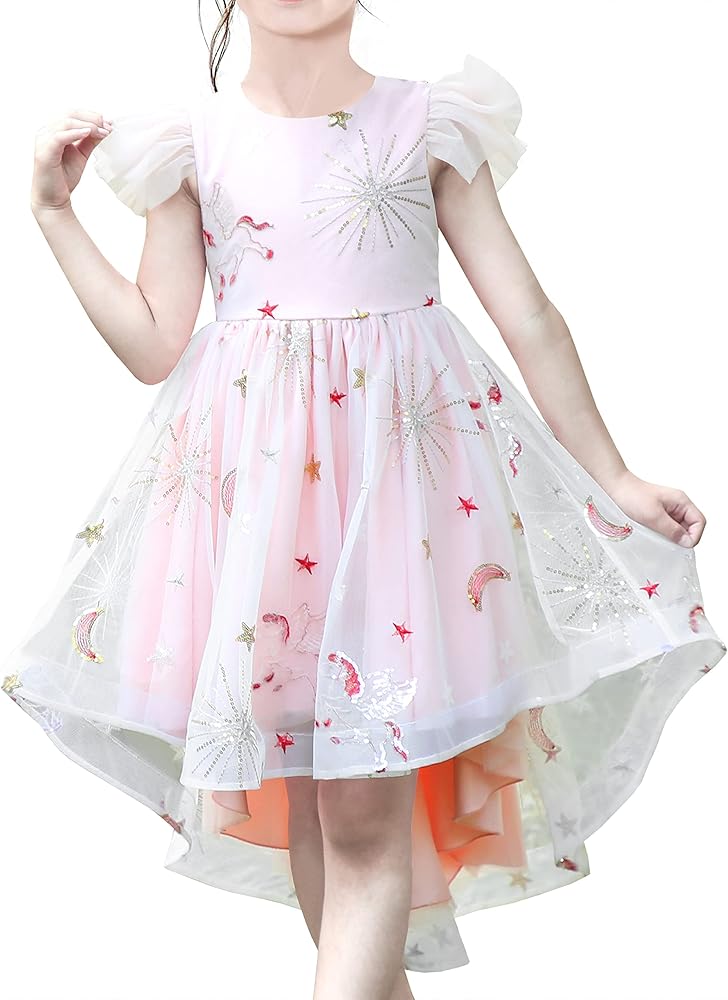 Sunny Fashion Girl Dress Pink Tulle Sequin Unicorn Star Moon Party Ruffle