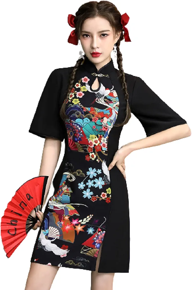 Chinese Trendy Cheongsam Short Girl Black Improved Version Dress XXL Black