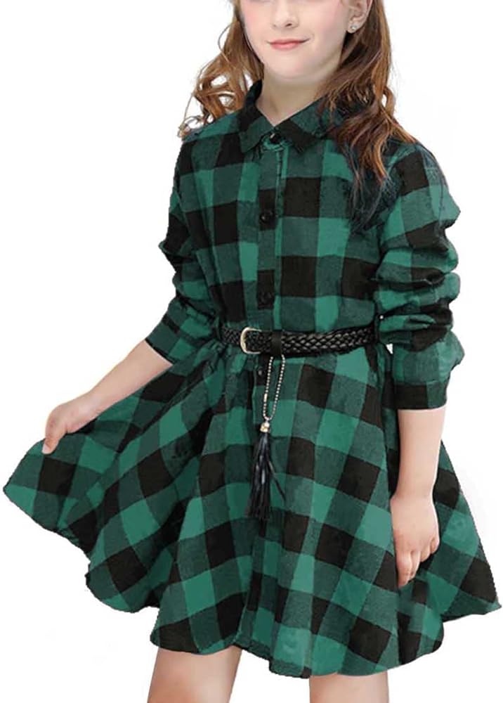 Girls Plaid Dress Belt Long Sleeve Buffalo Check Black White/Red Flannel Dresses for Kids