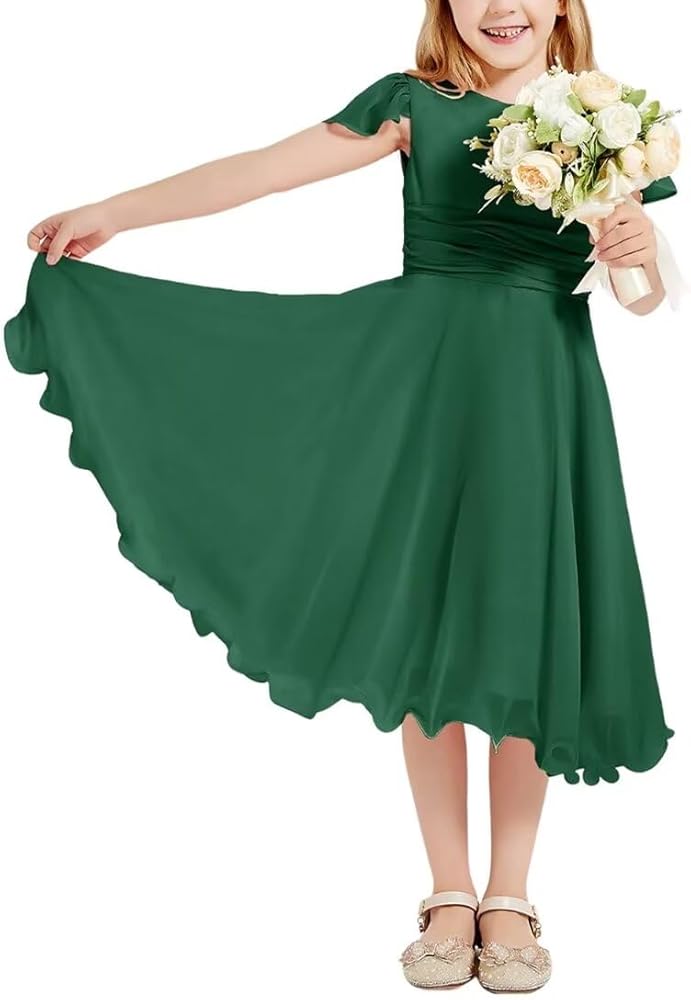 Chiffon Junior Bridesmaid Dress Cap Sleeves Flower Girl Dresses for Wedding Princess Ball Gowns for Teen Girls