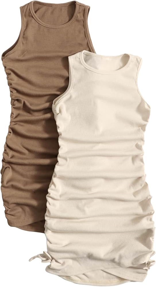 Milumia Girl's 2 Pack Ribbed Knit Ruched Crew Neck Tank Dress Sleeveless Fitted Short Dresses