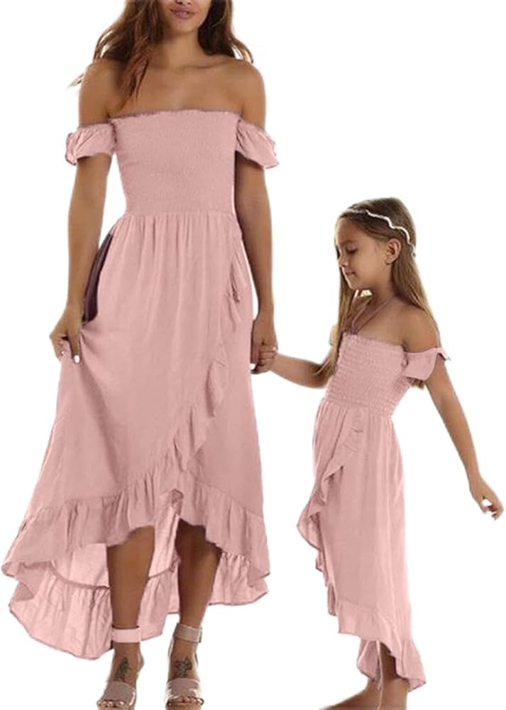 Mommy and Me Matching Dress Set Off Shoulder Smocked Midi Dress Swiss Flowy Dress Mother and Daughter Dresses