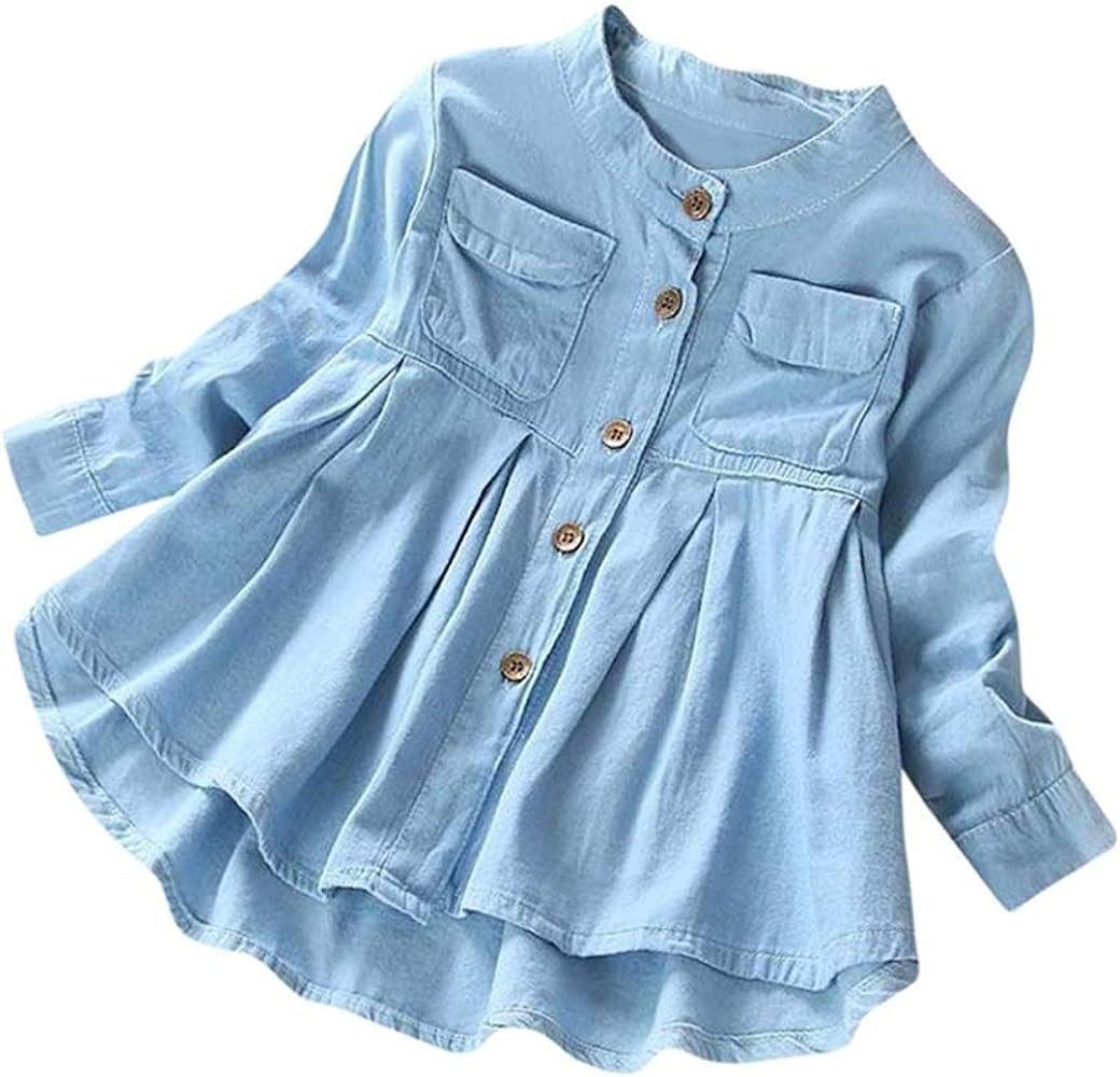 Baby Girls Kid Denim Ruched Long Sleeve T-Shirt Tops Dress Clothing Children Autumn Winter Fashion Blouse