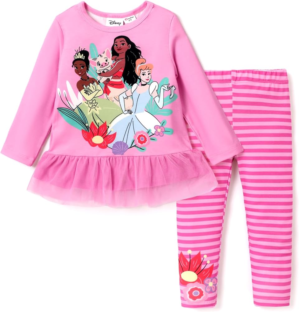 Disney Princess Toddler Girls Long Sleeve Ruffle T-Shirt Dress Pants Leggings Outfit Set