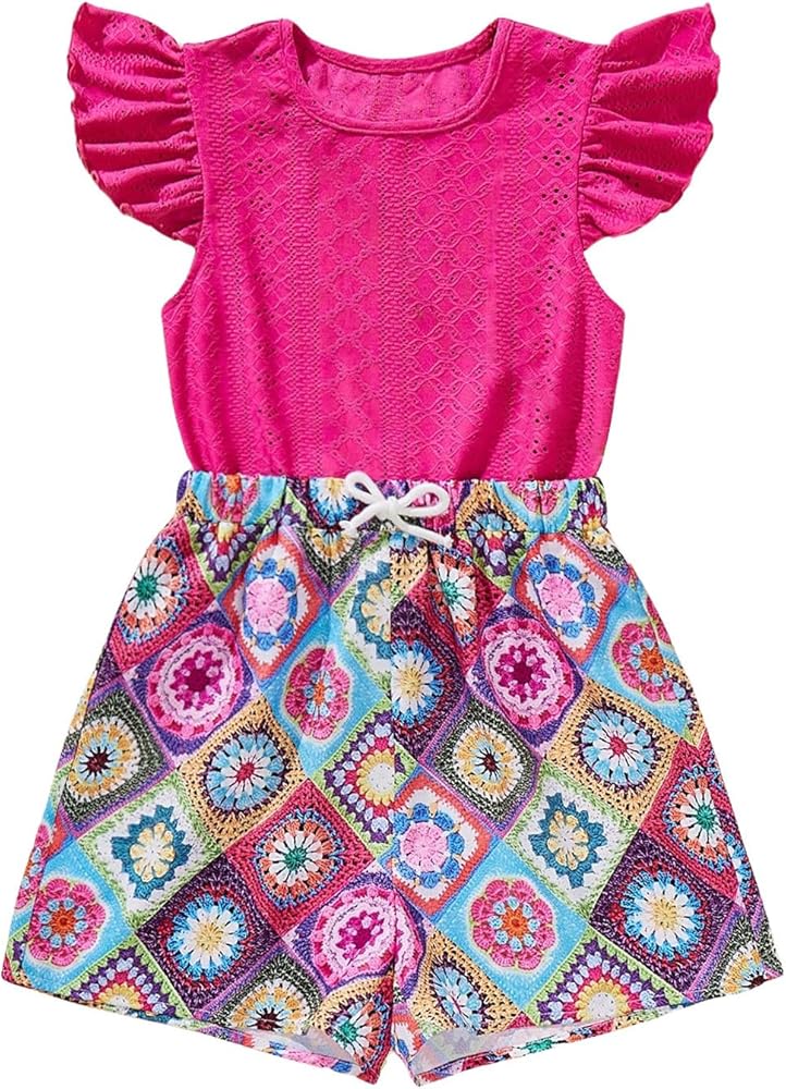 WDIRARA Girl's Two Piece Cap Flounce Sleeve Round Neck T Shirts and Floral Tie Front Skirts Clothing Set