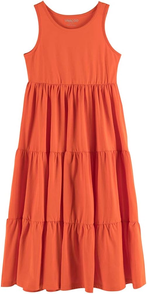 UNACOO Kids Girls 100% Cotton 1 or 2 Packs Sleeveless Long Maxi Tiered Dress (Age 3-12 Years)