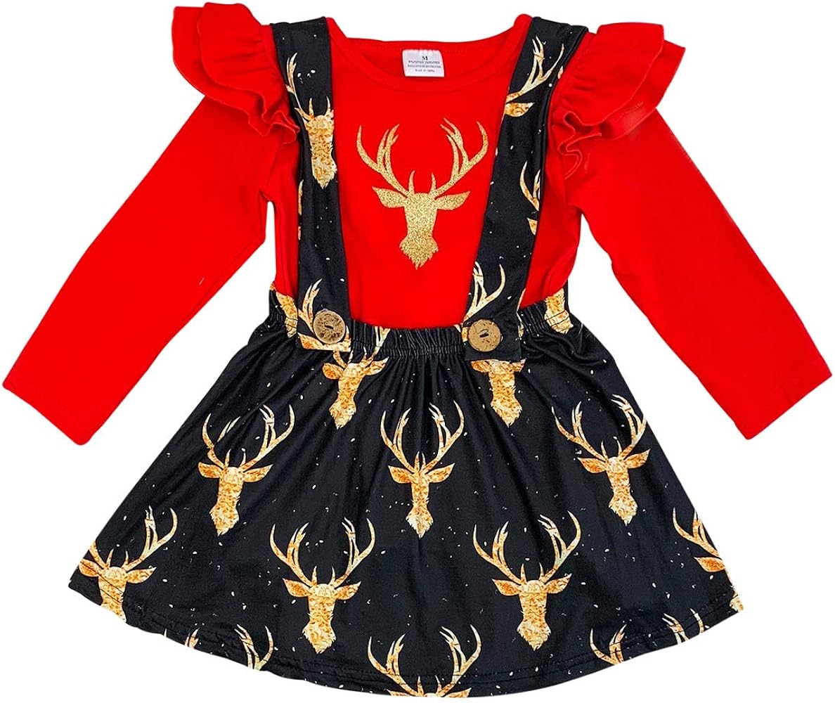 Little Girls 2 Pieces Skirt Set Reindeer Holiday T-Shirt Top Suspender Dress Set