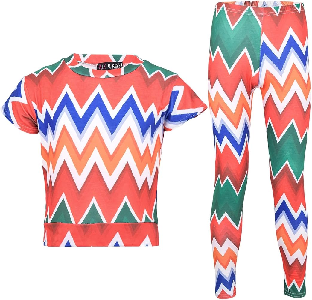 Girls Top Kids Chevron Print Trendy Crop Top Short Sleeves Top Tees & Fashion Legging Set Age 7-13 Years