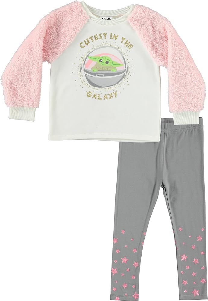 STAR WARS Girls' Baby Yoda Crew Neck Long Sleeve Fleece Sherpa Sweatshirt and Legging Pants Set (Catskill White/Pink/Grey, 2T)