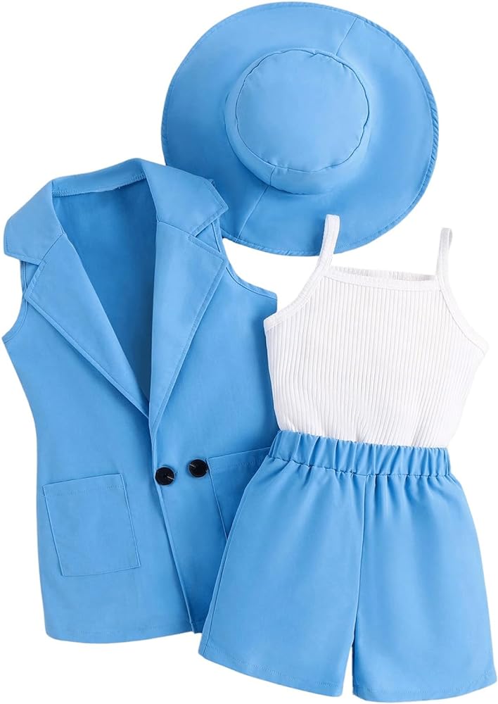 WDIRARA Girl's 4 Pieces Outfits Cami Top and Shorts Set with Sleeveless Blazer Jacket and Hat