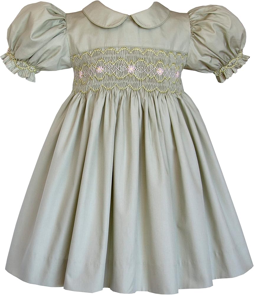 Girl's Hand Smocked Dress Classic Vintage Olive Sage Green Birthday Outfit Heirloom Frock