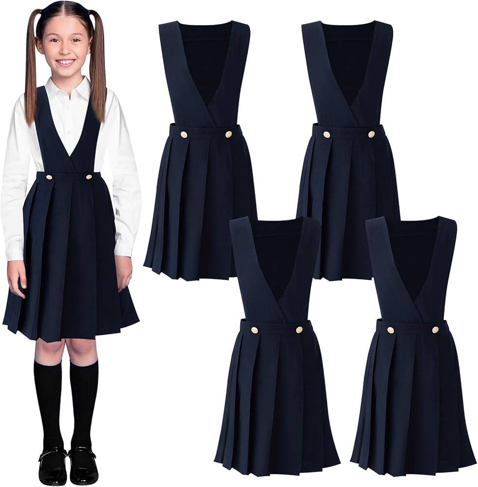 Suhine 4 Pcs Girls Uniform Jumper V Neck Pleated Jumper Dress Sleeveless Wide Strap School Jumper for Girls Students School