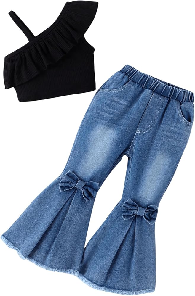 Girl's 2 Pieces Outfit Asymmetrical Neck Sleeveless Cami Top and Bow Front Flare Leg Denim Pants Set