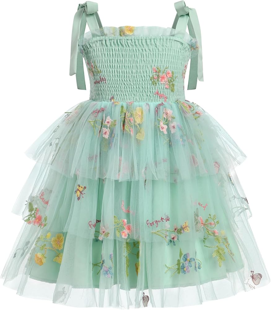 ODASDO Flower Girl Dress Kids Spaghetti Strap Tie Shoulder Smocked A-line Tutu Tulle Tiered Dress Special Occasion Dresses