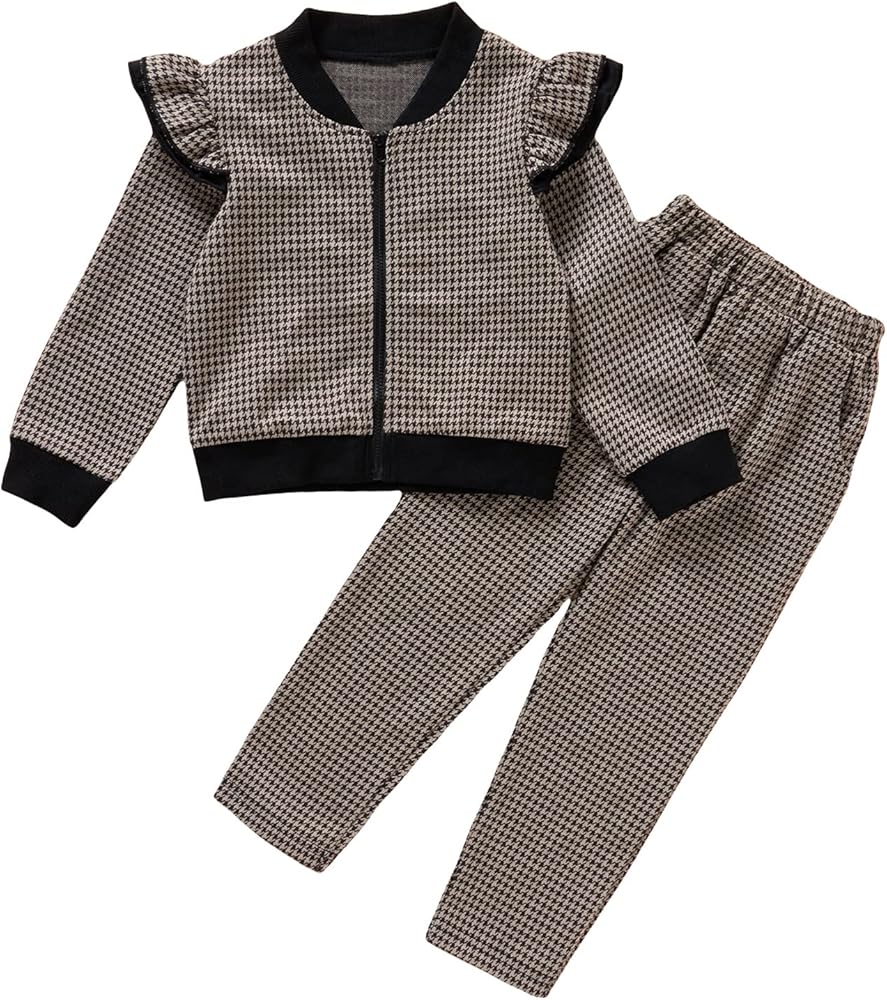 WDIRARA Toddler Girl's 2 Piece Outfits Houndstooth Ruffle Trim Bomber Jacket and Pants Set