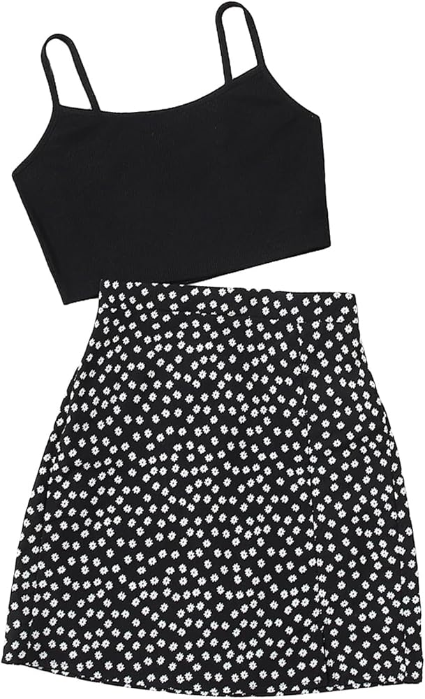 Floerns Girl's 2 Piece Outfit Cami Top and Floral Print Side Split Skirt Set