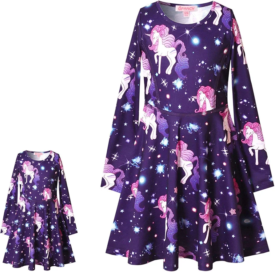 Star Unicorn Swing Dresses Matching Doll&Girls Long Sleeve Birthday Gifts 4t 5t