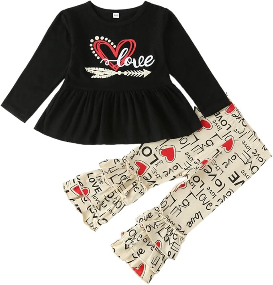 Toddler Children Kids Valentine's Outfits Ruffle Heart Long Sleeve Tops Suspender Trousers Girls Clothes Sets Kids