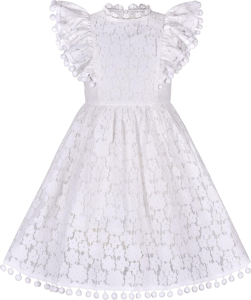 Sunny Fashion Girls Dress Off White Lace Stand-up Collar Ruffle Flare Sleeve