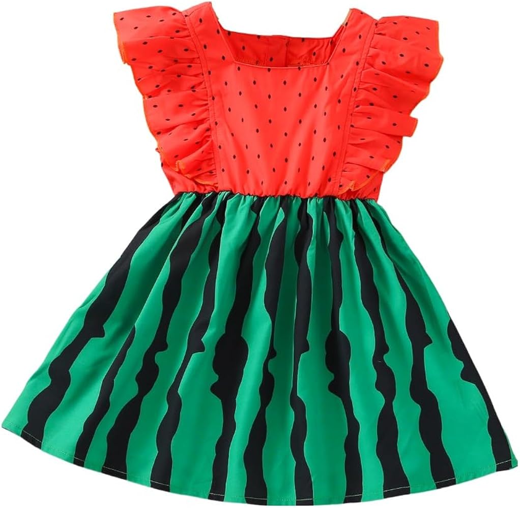 WDIRARA Toddler Girl's Watermelon Print Square Neck Ruffle Trim Button Back A Line Dress