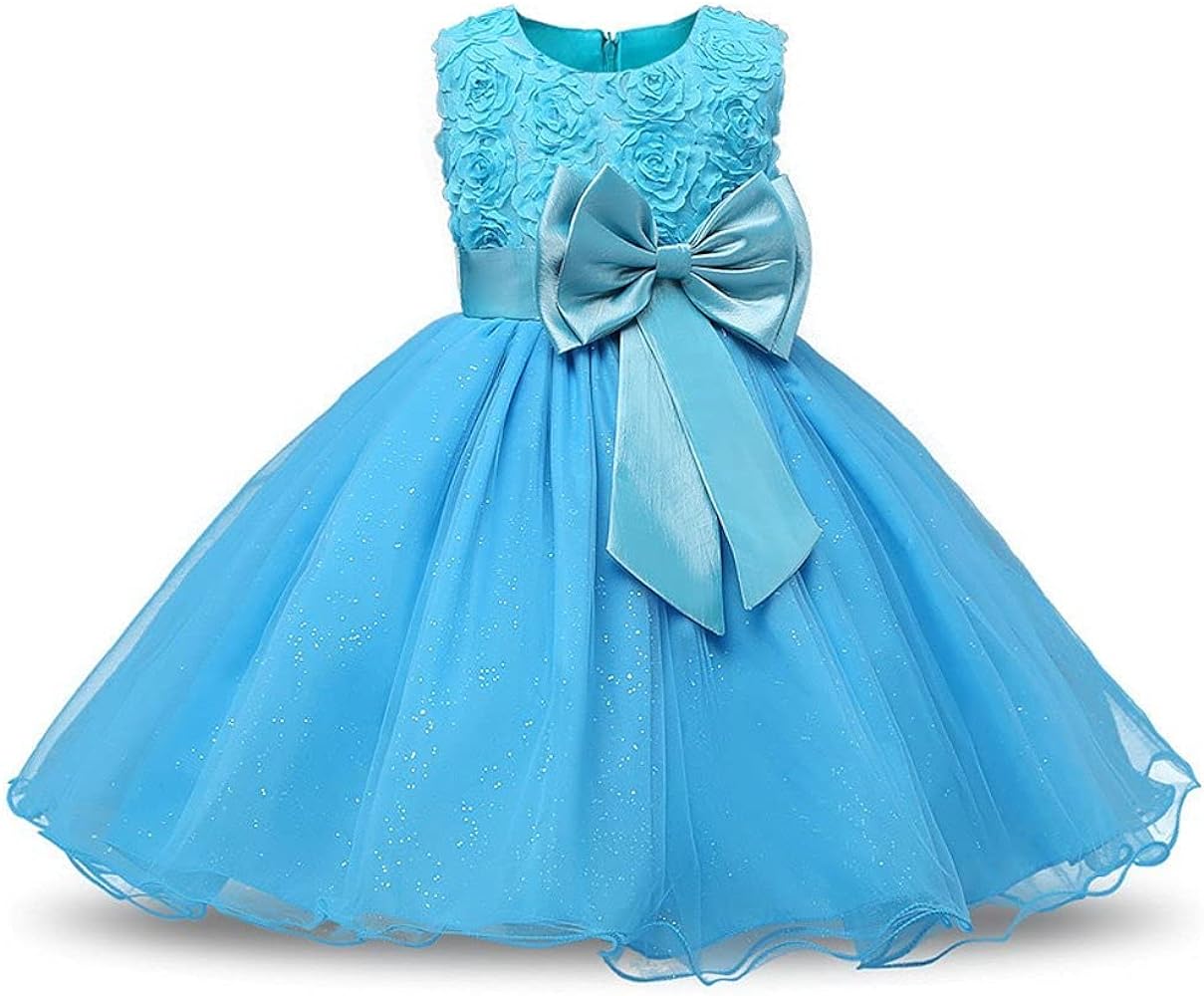 Acecharming Flower Girls Dress, Toddler Blue 3D Rose Bow-Knot Sleeveless Tutu Tulle Dress Girls Kids Dress for Birthday Wedding Bridesmaid Formal Pageant Party Prom Dress for 5-6 Years