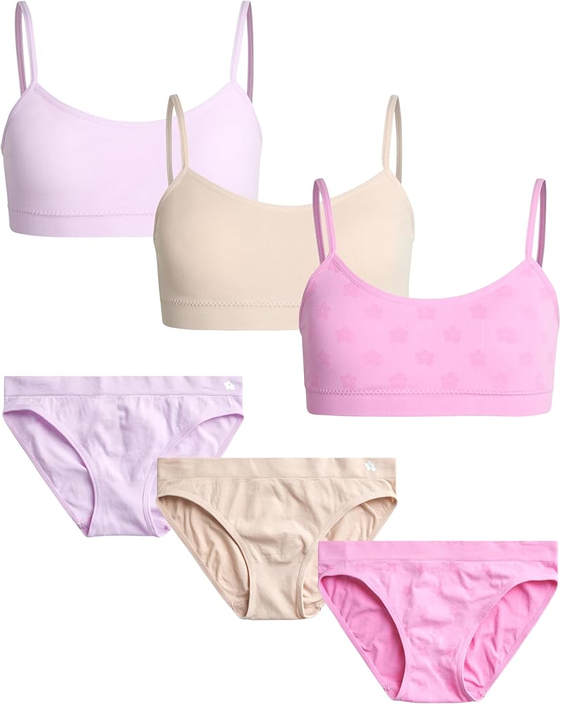 Limited Too Girls' Matching Training Bra Set - 6 Piece Seamless Sports Bralette and Brief Set (S-L), Size Medium, Light Fuchsia