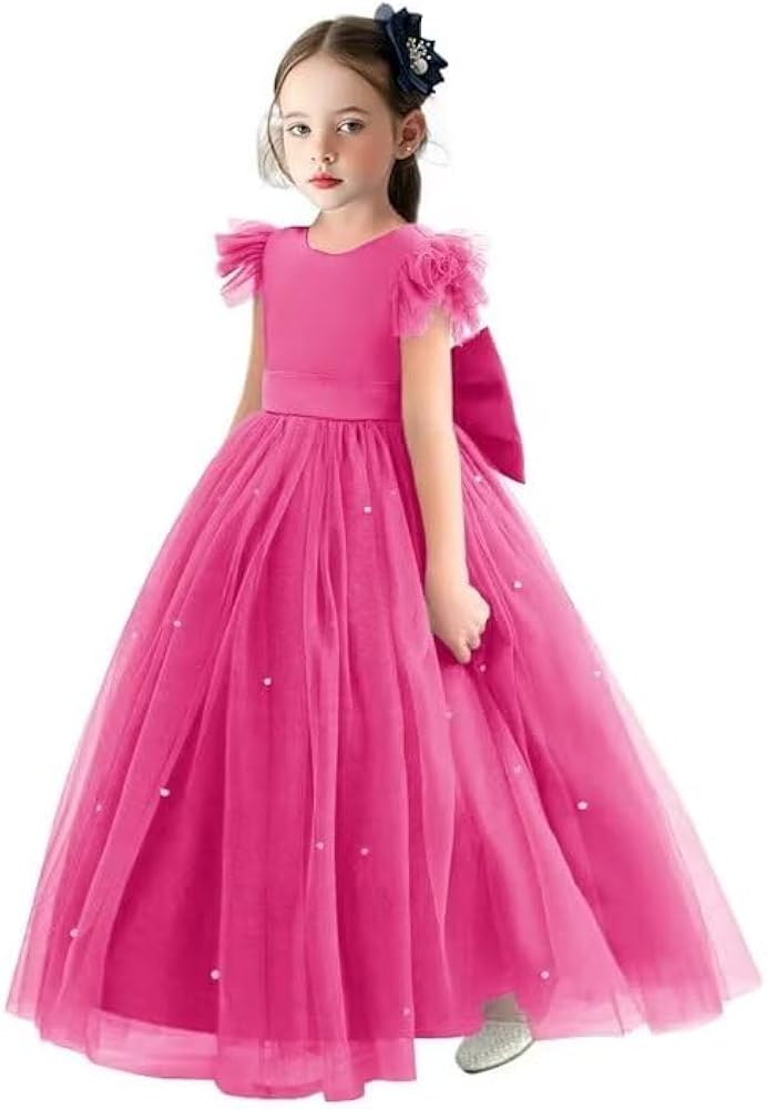 Flower Girls Dresses for Wedding Tulle Princess First Communion Pageant Dress Kids Pearls Prom Ball Gowns with Bow