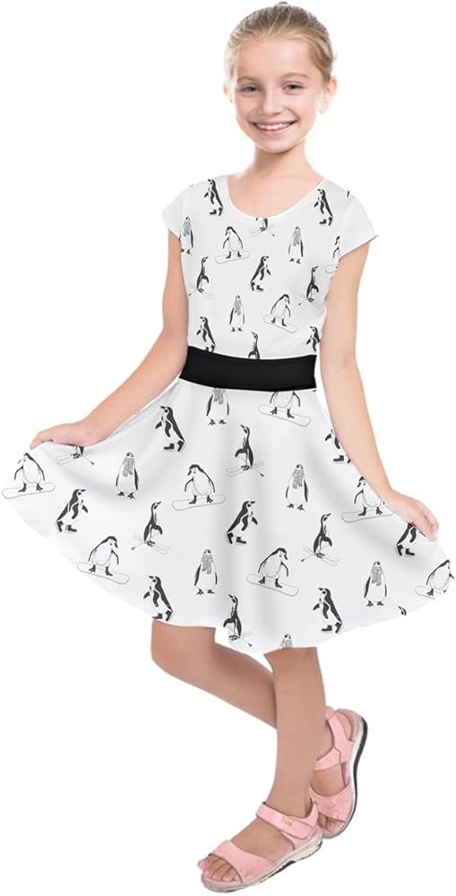 PattyCandy Girl's Black & White Penguin Pattern Kids Short Sleeve Dress - 6