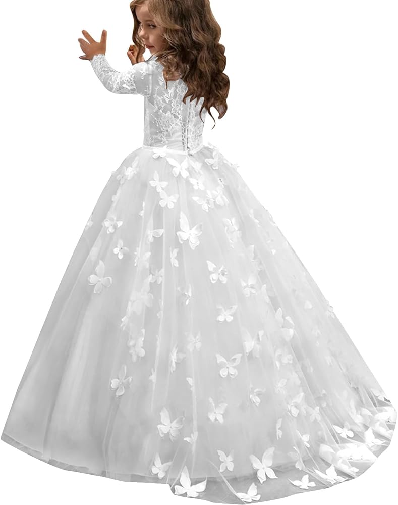 BOLENSYE Long Sleeve Flower Girls Dresses for Wedding Lace Tulle Tutu Ball Gown with Bow Pageant Birthday Party Girls Dress