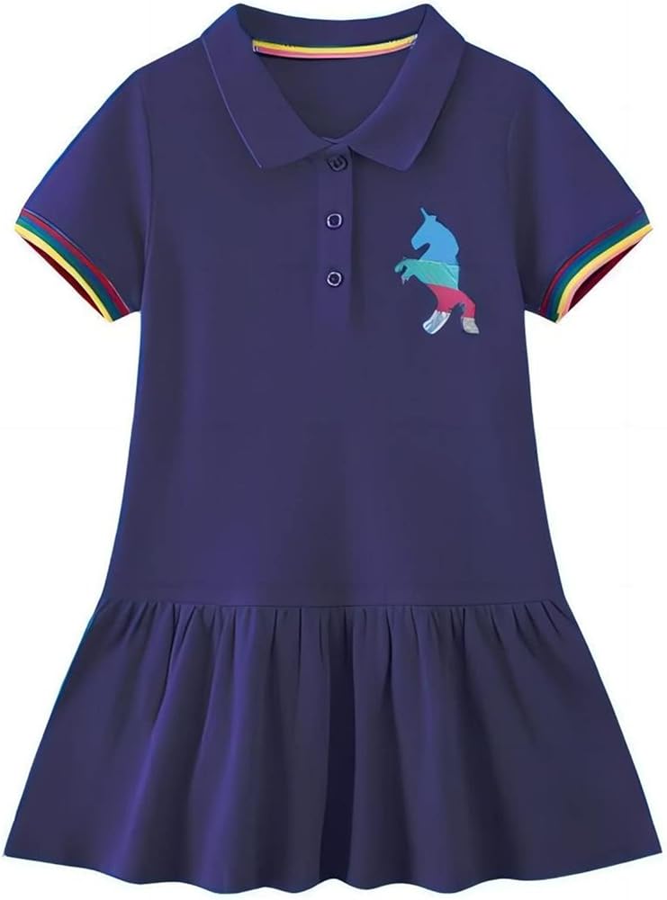 HILEELANG Toddler Girls Short Sleeve Polo Dress Cotton Casual Blue School Outfits Playwear Jersey Shirt Clothes 3T