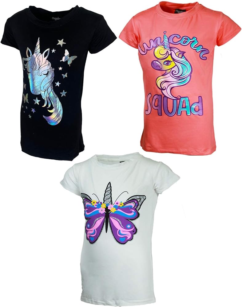 MISS POPULAR Girls 3-Pack Super Soft Short Sleeve T-Shirts Unicorn Butterfly Glitter Print Cute Design| Sizes 7-16