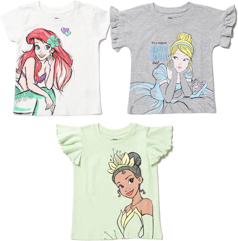 Disney Princess Moana Rapunzel Snow White Encanto Raya Girls 3 Pack Crossover T-Shirts Toddler to Big Kid