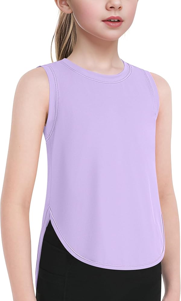 Girls Athletic Tank Tops Dry Fit Performance Top Split Curved Hem Sleeveless Shirts for Gym Yoga Running