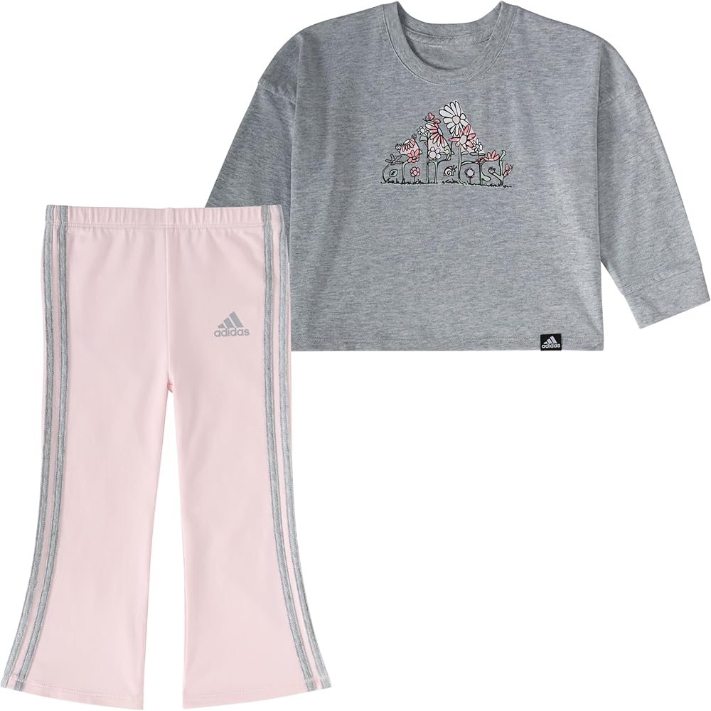 adidas Girls' 2-Piece Long Sleeve Graphic Tee & Flare Pant Set, Grey Heather Pink, 12M