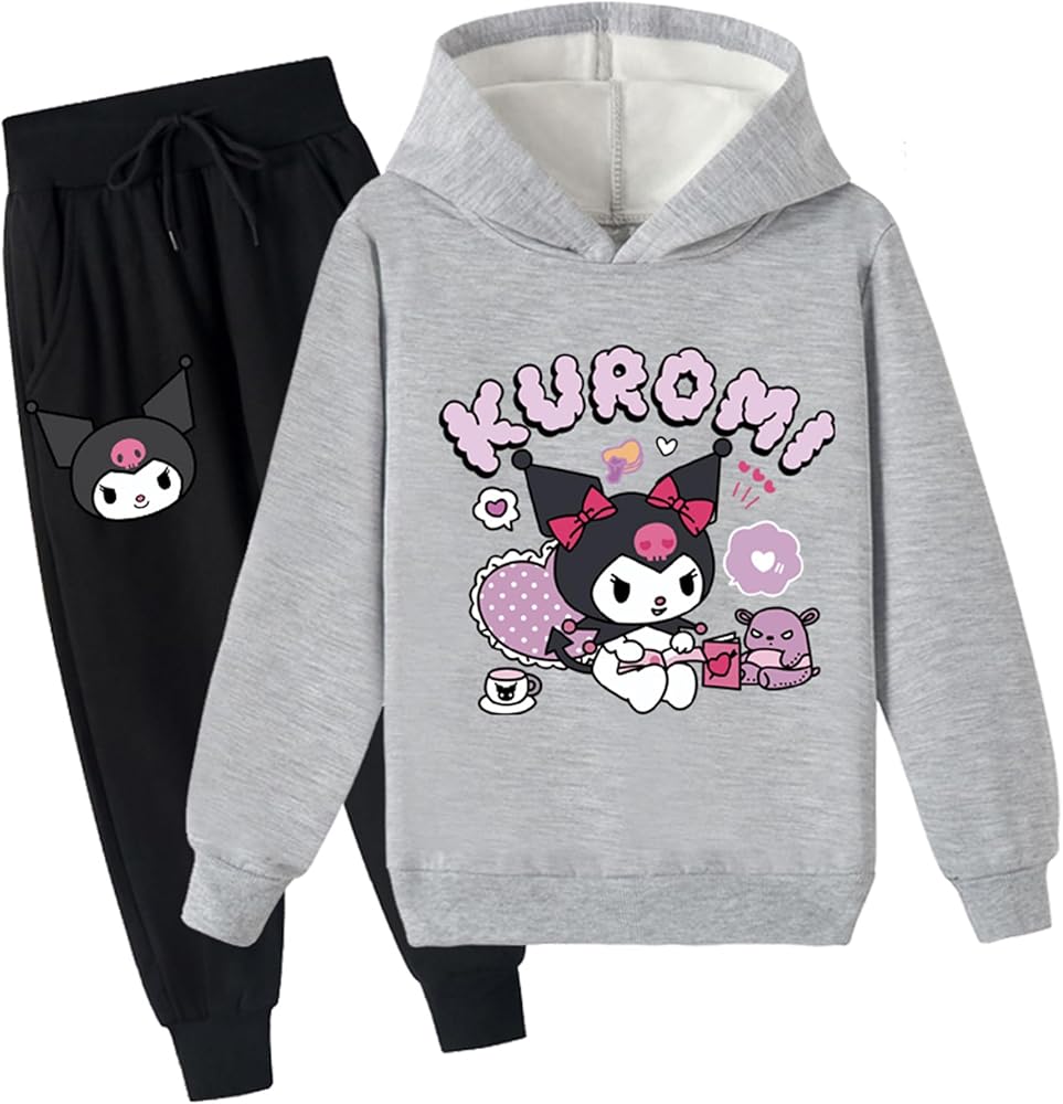 Kids Girls Classic Long Sleeve Hoodie Set,Brushed Pullover Tracksuit Kuromi Sweatshirts with Long Pants for Children