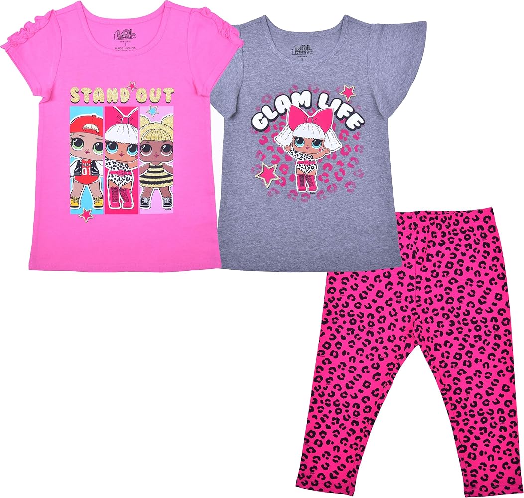 LOL Surprise Girls’ Short Sleeve T-Shirt and Leggins Set for Little Kids – Pink/Blue/Grey