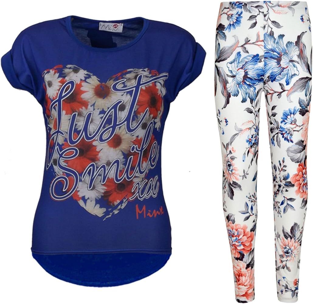 Girls Top Kids Just Smile XX Print Trendy Top & Peach Floral Legging Set 7-13 Yr