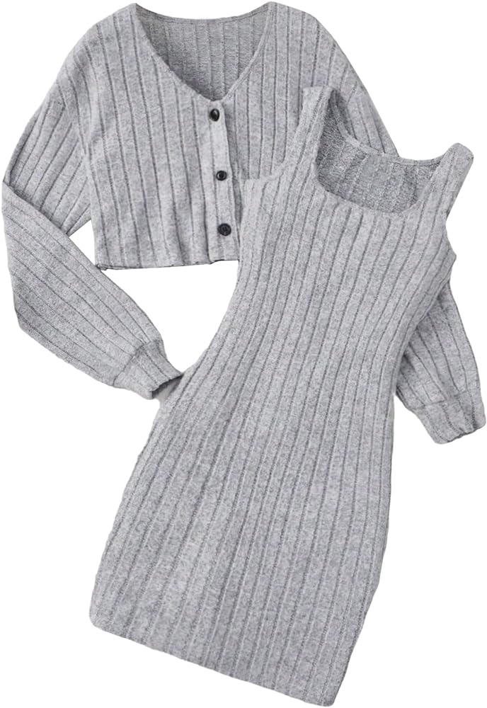 Verdusa Girl's Midi Dress 2 Piece Fall Sets Ribbed Knit Button Up Crop Cardigan and Tank Dress