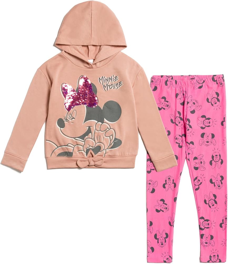 Disney Minnie Mouse Girls Sequin Pullover Fleece Hoodie Leggings Outfit Set Toddler to Big Kid