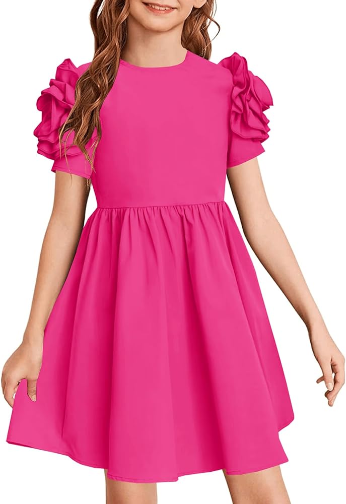 YOVION Girls Summer Dress Elegant Puff Short Sleeve Crew Neck Casual A-line Sundress for 6-13Y