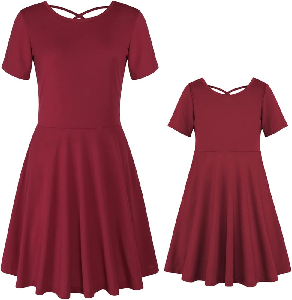 JESKIDS Mommy and Me Matching Short Sleeve Dress Criss Cross A-Line Twirl Skater Dress