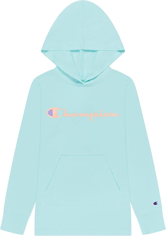 Champion Heritage Girls Long Sleeve Hooded Tee Shirt Big Kids Clothes (Signature Blue Mist, Medium)