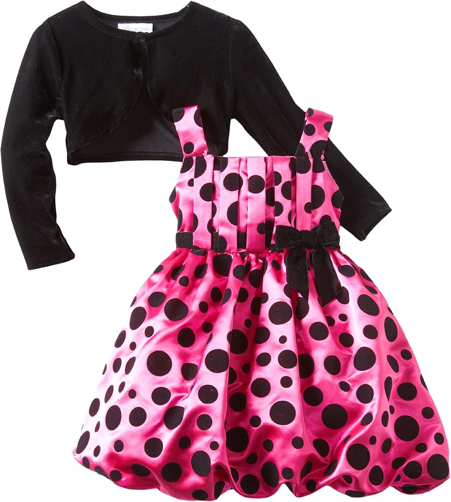 Bonnie Jean Little Girls' Shantung Dress with Flocked Dots And Stretch Velvet Cardigan