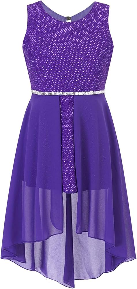 YiZYiF Big Girls Sparkle Waist Princess Prom Wedding Gown Formal Dance Party High Low Chiffon Dresses Rhinestone Purple 14