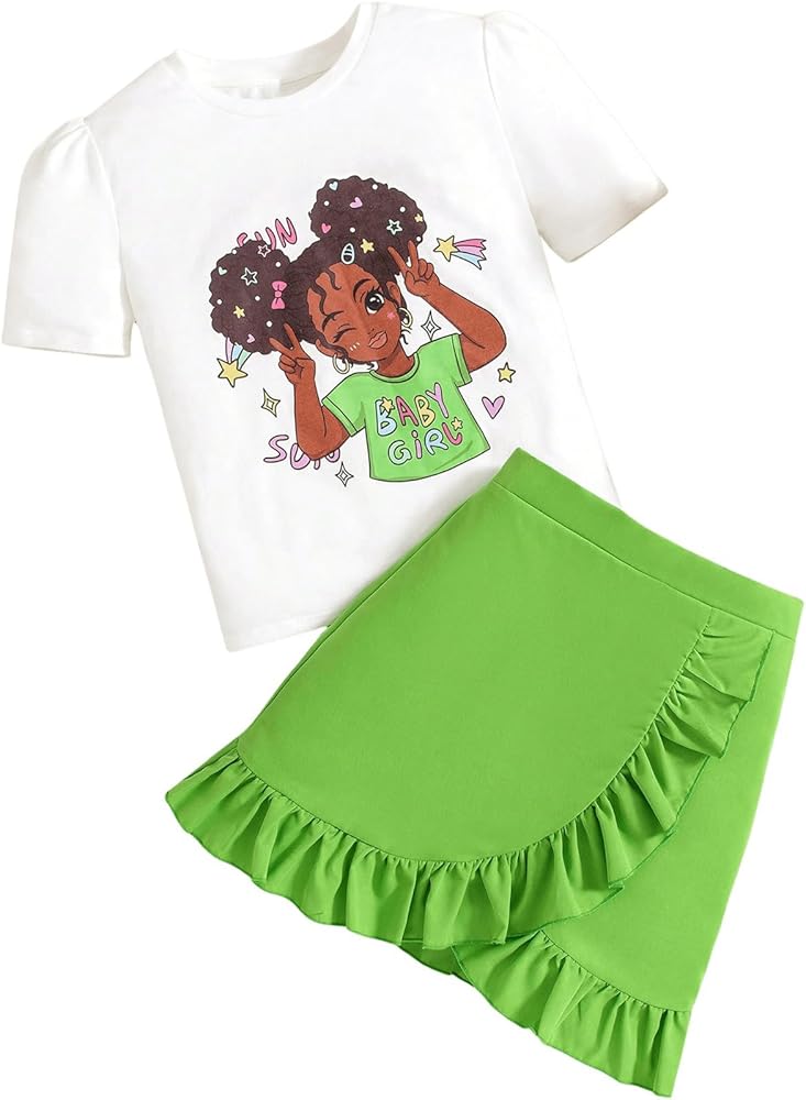 Floerns Girl's 2 Piece Outfit Cartoon Print Tee Shirt with Ruffle Hem Skirt Set