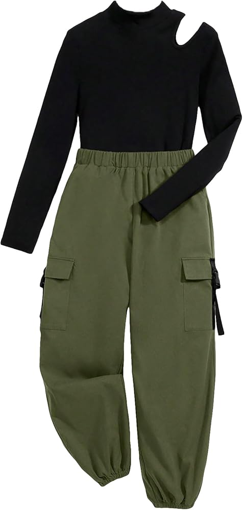 OYOANGLE Girls' 2 Piece Outfits Rib Knit Cut Out Long Sleeve Tops And Cargo Pants