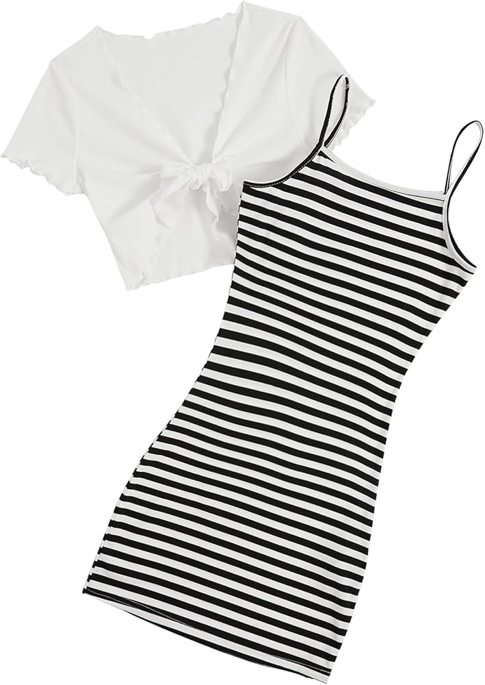 OYOANGLE Girl's Striped Print Cami Dresses and Short Sleeve Knot Tie Front Top Sets 2 Pieces Outfits